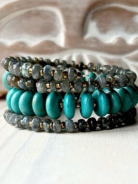 Handcrafted Natural Labradorite and Howlite Wrap Bracelet - 2.25” diameter